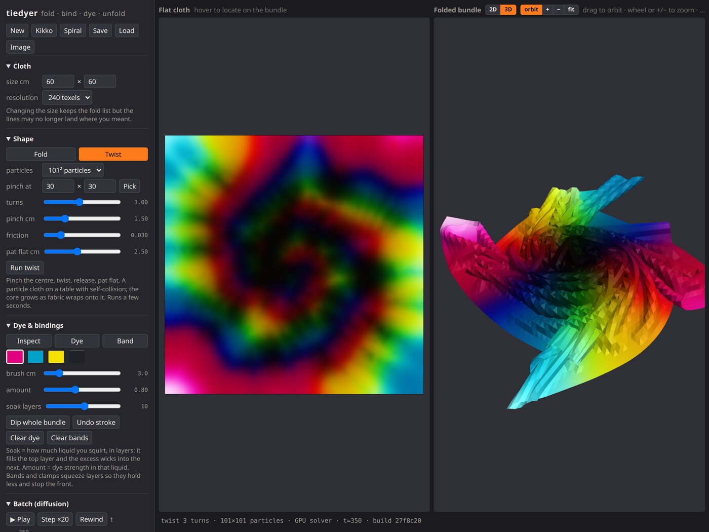 Tie Dyer on a tablet: the controls, the unfolded spiral pattern, and the twisted bundle in 3D