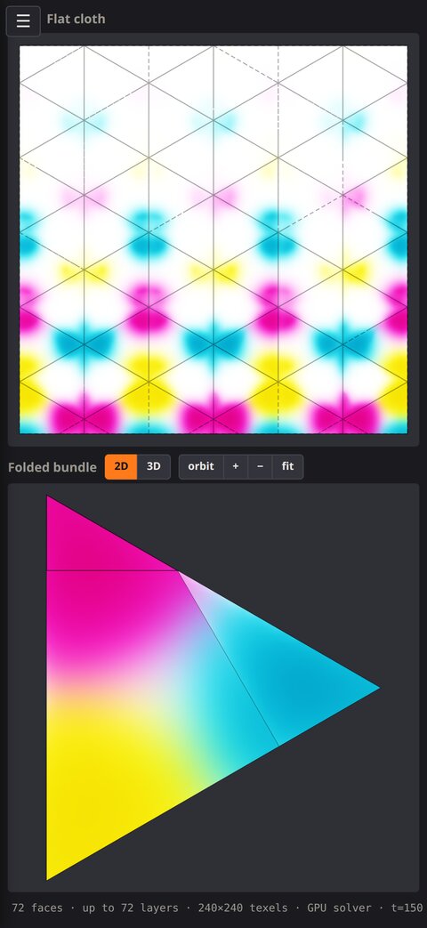 Tie Dyer on a phone: the unfolded kikko pattern above, the folded triangle bundle with dye on it below